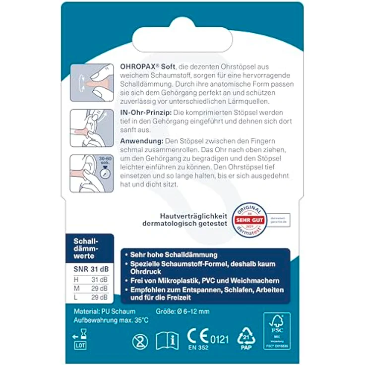 OHROPAX Soft Ohrstöpsel – Weiche IN-Ohr-Stöpsel mit SNR 31 dB – Unauffällig und bequem – 10 Stück – Bild 4