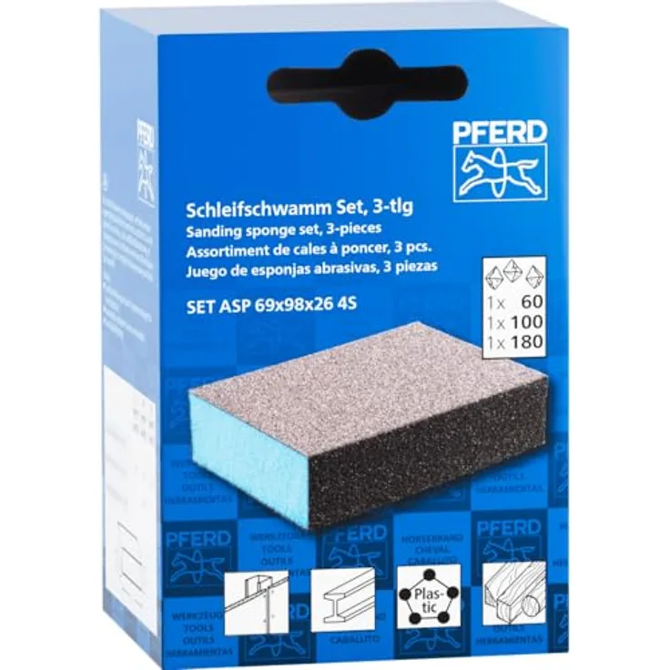 PFERD Schleifschwamm-Set, 3-teilig, 69 x 98 x 26 mm, Körnungen A60, A100, A180, universell einsetzbar, 4-seitig, wiederverwendbar