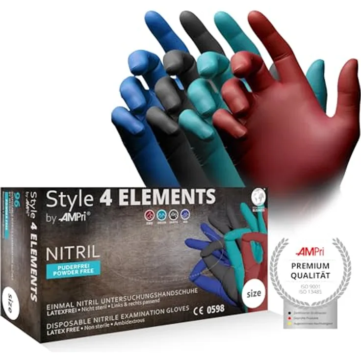 AMPri Nitrilhandschuhe, bunt, Farbenmix, 96 Stück/Box, Größe S, puderfrei, Style 4 Elements by Med-Comfort: Einmalhandschuhe in den Größen XS, S, M, L, XL