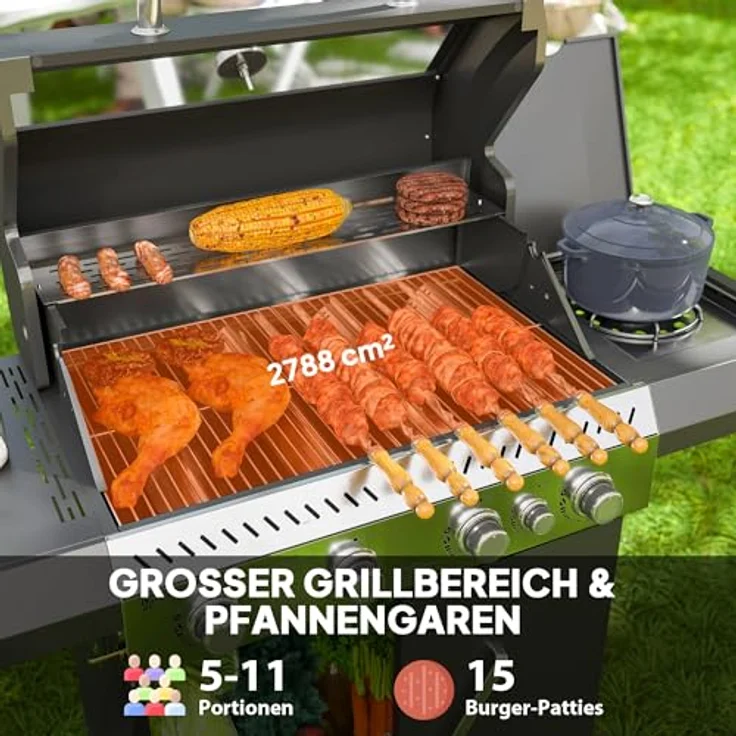 Outsunny Gasgrill 12 KW Grillwagen, 5 Brenner mit Seitenkocher, 2 Heizzonen, Thermometer und Seitenablagen, BBQ Gartengrill für Balkon, 135 x 54 x 110 cm – Bild 3