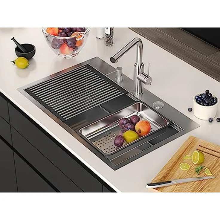 QUADRON BURT 110, 1-Becken Küchenspüle aus Glas & gebürstetem Edelstahl, Größe 76 x 49 x 21 cm mit Siphon – Bild 9