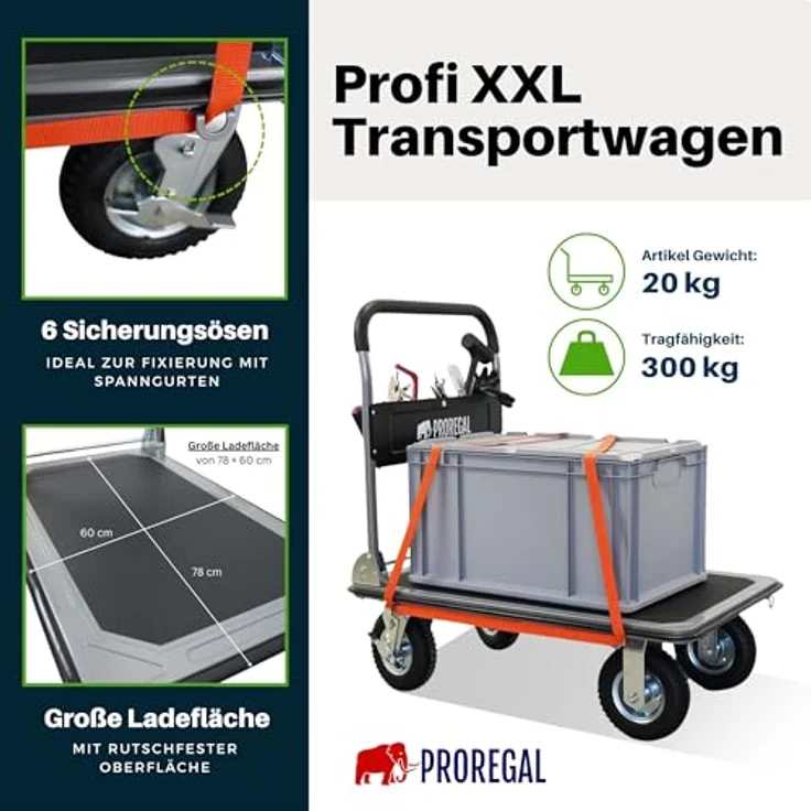 PROREGAL® Transportwagen RHINO 300, Klappbarer Profi-Transportwagen mit 2x 360° Lenkrollen, 2x Bockrollen & Feststellbremse, Traglast bis 300 kg, rutschfeste Ladefläche 78x60 cm – Bild 3