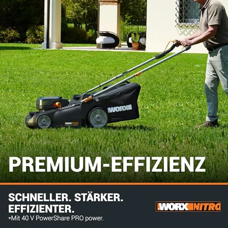 WORX WG737E Nitro Akku-Rasenmäher 40V(2x20V) - leistungsstarker bürstenloser Motor - 37cm Schnittbreite - 6 Schnitthöhenstufen (20-70mm) - 40L Grasfangsack - inkl. 2x4Ah Akkus & Dual-Ladegerät – Bild 2