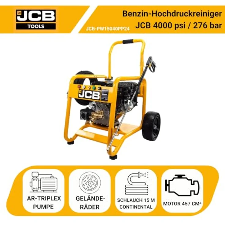 JCB Benzin-Hochdruckreiniger PW15040PP24, 15 PS, 276 bar, 15 l/min, 15 m Schlauch, 5 Düsen – Bild 3