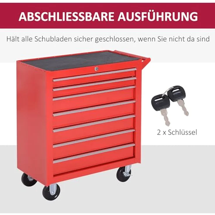 Durhand Werkstattwagen mit Rollen, 7 Schubladen, abschließbar, pulverbeschichtet, max. Traglast 150 kg, aus Stahl, rot, mit Feststellbremse – Bild 7