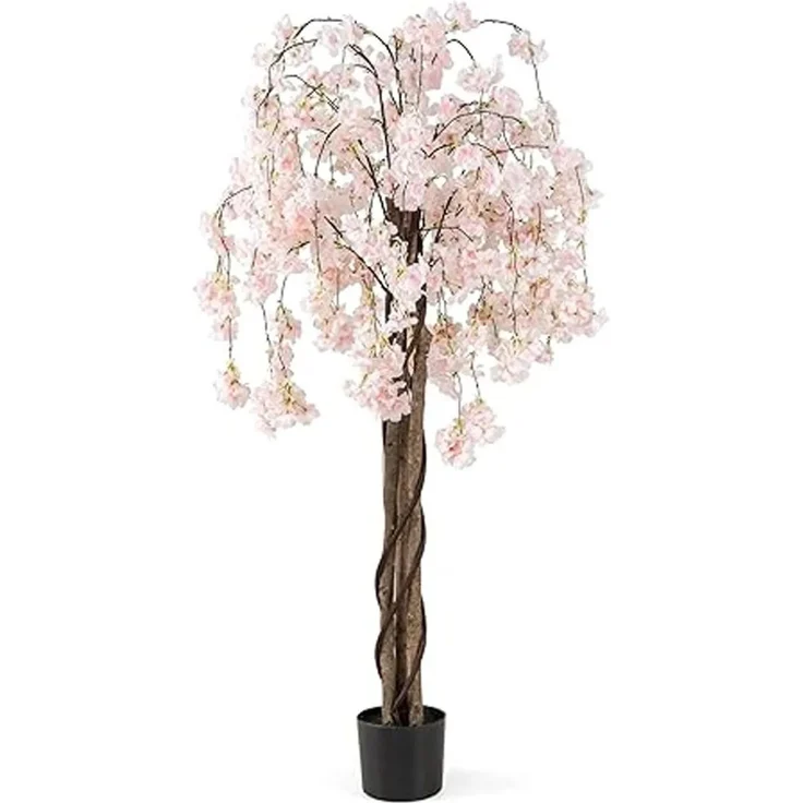 COSTWAY Künstlicher Kirschblütenbaum, 163 cm hohe Kunstpflanze mit weißen Blumen und stabilem Zement-Sockel