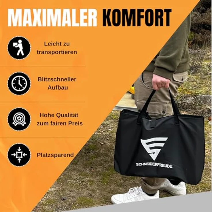 SCHNEIDERFREUDE Klappgrill 2.0, Höhenverstellbarer Holzkohle-Camping-Grill mit Doppelfunktions-Zangen & Tragetasche, DEKRA-geprüft – Bild 3