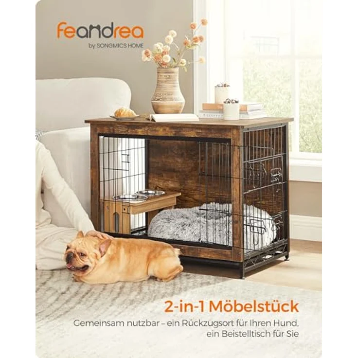 Feandrea Hundekäfig Möbel, Beistelltisch, Hundebox, Moderne Hundehütte Indoor, vintagebraun, für Hunde bis zu 20 kg, 2 Türen, herausnehmbares Tablett – Bild 2