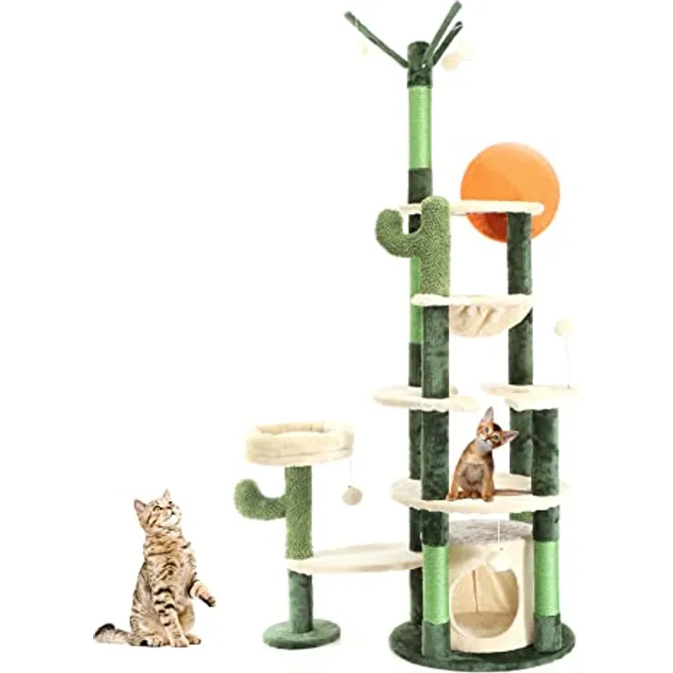 Fudajo Kratzbaum im Kaktusdesign Grün/Beige 172 cm, Katzenbaum mit Katzenhaus, Liegemulde, Sisal und Spielbälle