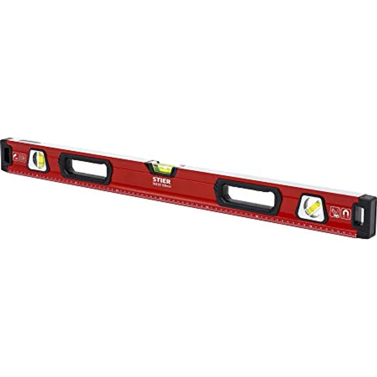 STIER Premium Wasserwaage, mit Magnet und drei Libellen, 800 mm, 0,5 mm/m, vertikal und horizontal messen, Spiegel-Lotlibelle, präzise Messung, Aluminiumlegierung, doppelt gefräste Oberfläche