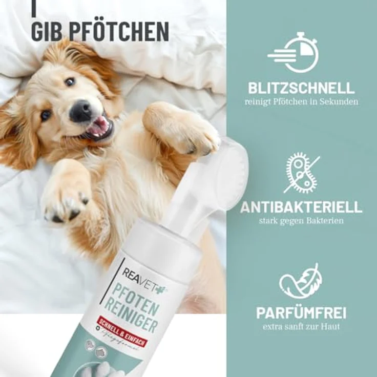 ReaVET Pfotenreiniger für Hunde & Katzen, Pflegender Reinigungsschaum mit Bürste, sanfte Reinigung ohne Ausspülen, 150ml, mit Hamamelis & Gurke – Bild 2