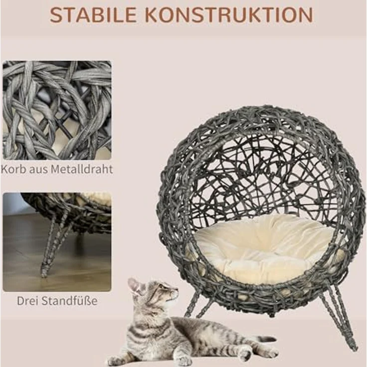 PawHut Katzenhöhle aus PE-Rattan, erhöhte Füße, inkl. Kissen, silbergrau, für Katzen bis 10 kg – Bild 3