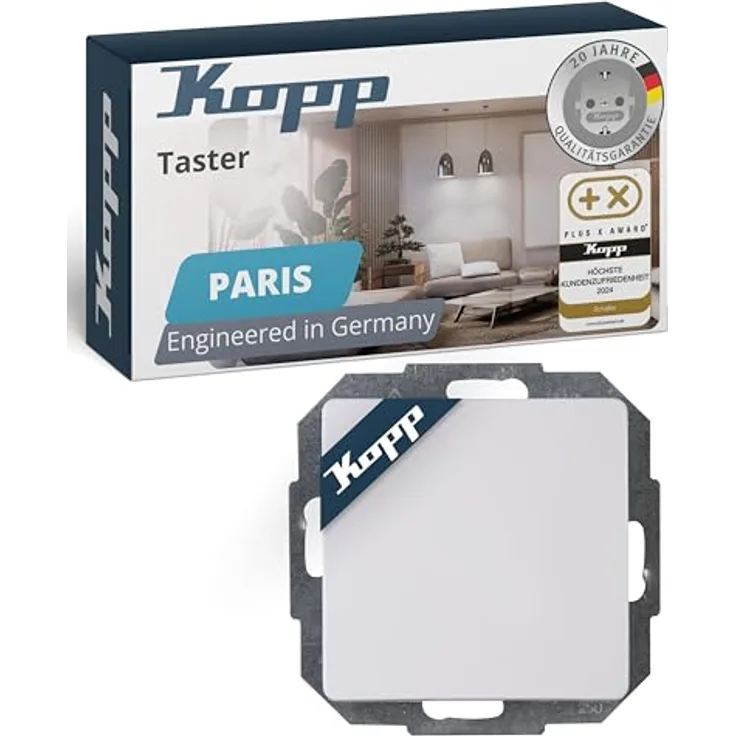 Kopp PARIS Taster Arktis-Weiß, IP20 Unterputz-Taster für Klingel & Türöffner, 10AX Schaltvermögen, Lichtschalter 250V~