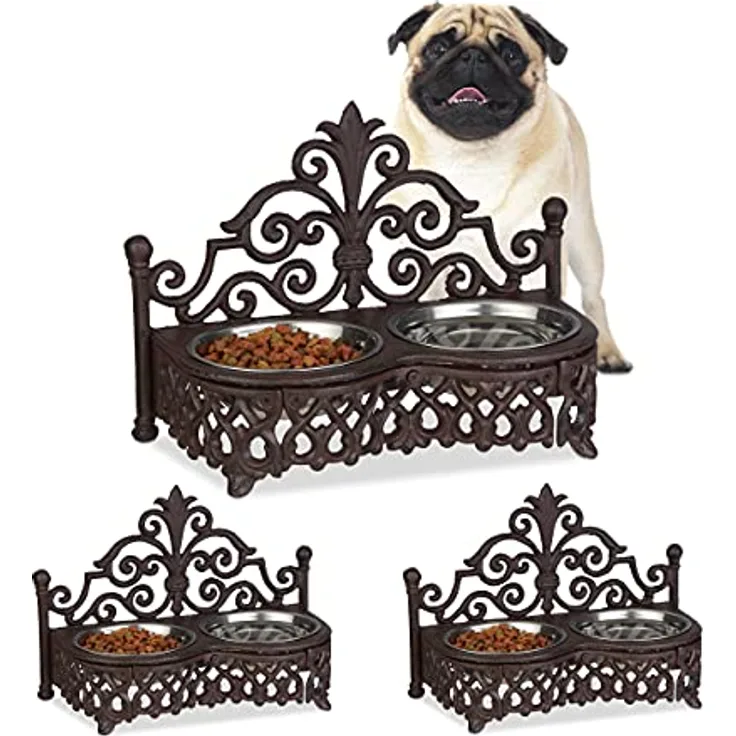 Relaxdays Futterbar Hunde, Antik-Stil, Doppelnapf, Gusseisen, Futternapf-Set, entnehmbare Edelstahlnäpfe je 0,3 l, braun
