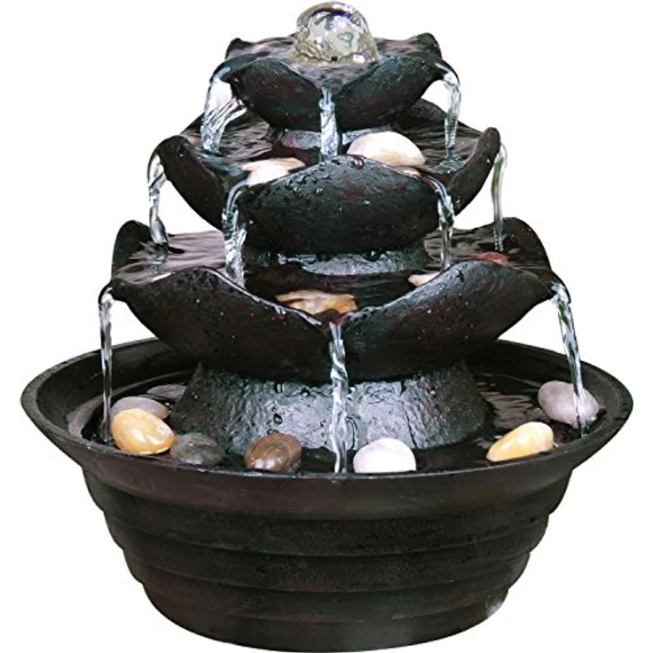 dobar® Design Tischbrunnen 96410e - Zimmerbrunnen dreistufig in Steinoptik - Kleiner Springbrunnen - Dekoratives Wasserspiel für Wohnzimmer/Büro/Indoor - Zierbrunnen - 22,2 x 22,2 x 20,6 cm - Schwarz – Bild 1