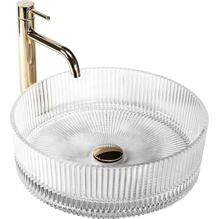 wohnwerk.idee Aufsatzwaschbecken Glaswaschbecken Ingrid Ø39,5 Schwarz Grau Weiß rund, modernes Design mit gerippter Oberfläche und luxuriösem goldfarbenen Wasserhahn – Bild 2