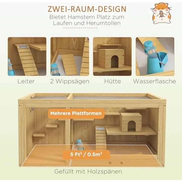 PawHut Hamsterkäfig aus Holz, 100 cm Kleintierstall, Spielhaus für Gerbils mit Schaukeln, Leitern, zu öffnendes Dach, Hütte, Natur – Bild 3