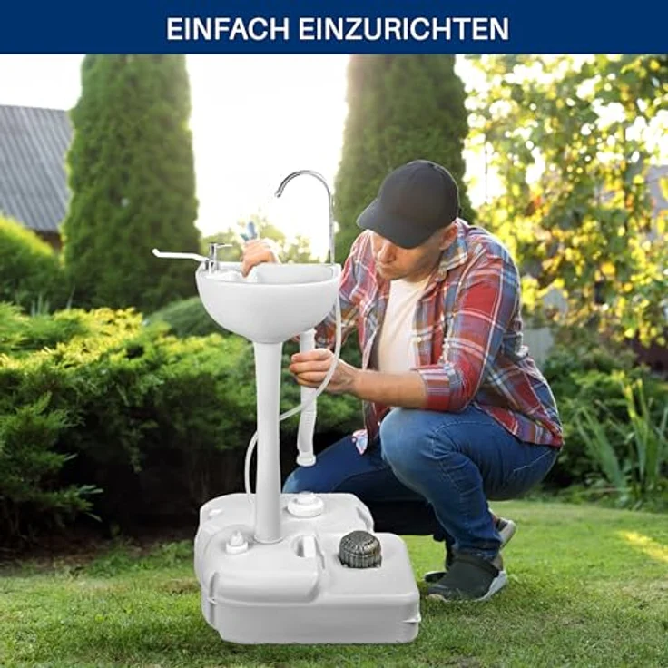 SereneLife Mobiles Camping Waschbecken - Tragbar mit 17L Wassertank & 24L Abwassertank, Fußpumpe, Handtuchhalter, Edelstahl-Wasserhahn, 3L Seifenspender, Räder - für Garten - Hochdichtes Polyethylen – Bild 4