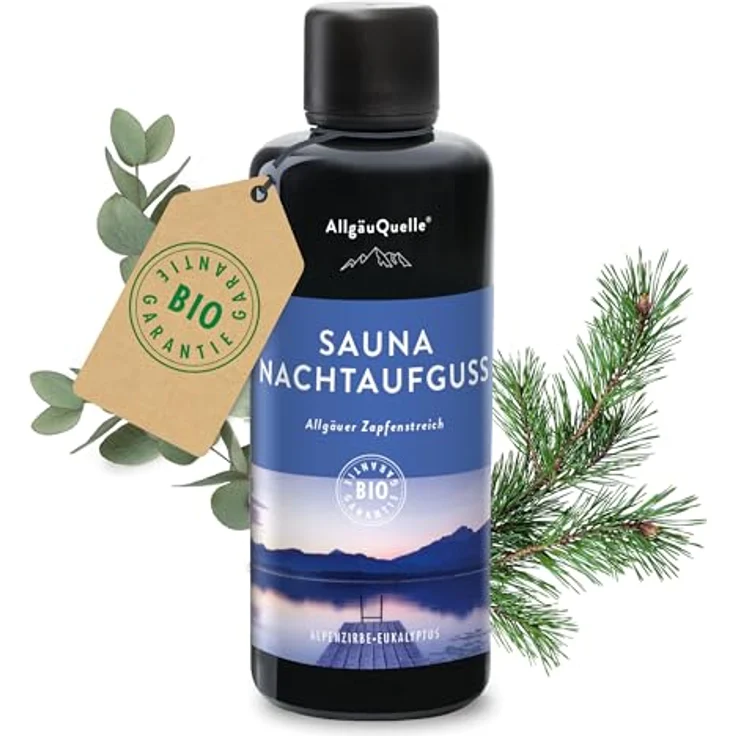 AllgäuQuelle® Saunaaufguss Nachtaufguss mit 100% Bio Ölen, Alpenzirbe und Eukalyptus, 100ml im Bio-Energie-Glas – Bild 1