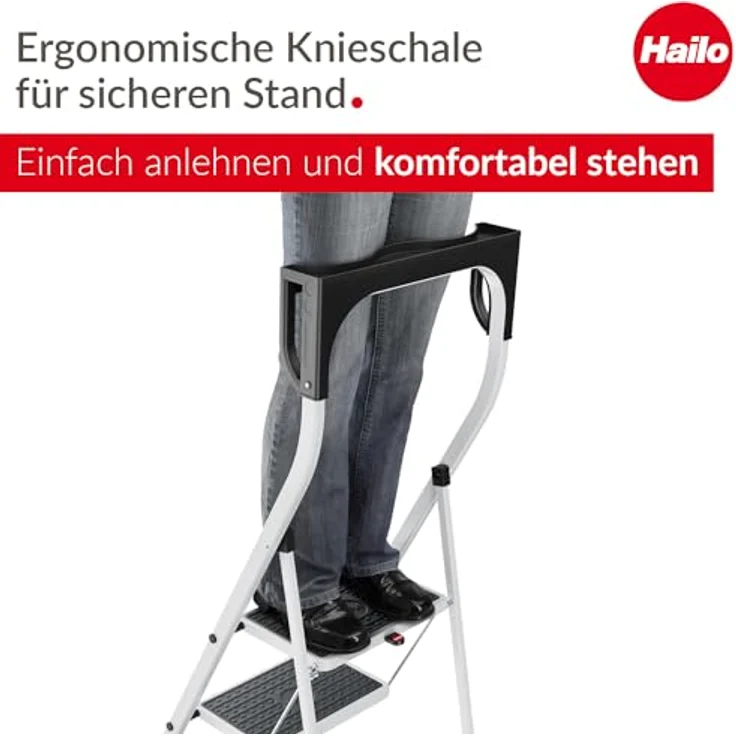 Hailo K75 ComfortLine Klapptritt - 3-stufige Trittleiter aus Stahl mit Sicherheitsbügel und Ablageschale - Arbeitshöhe bis 2,69 m - Gewicht: 6,8 kg - Weiß – Bild 4