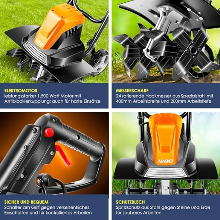 MASKO elektrische Motorhacke 1500 Watt, 40cm Arbeitsbreite 20cm Arbeitstiefe, klappbarer Handgriff, Metallgehäuse, Transporträder Orange - Preisvergleich – Bild 3