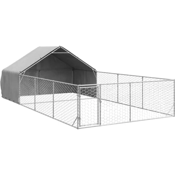 vidaXL Outdoor-Hundezwinger mit Auslauf 7x3x1,9 m Verzinkter Stahl, überdachter Hundekäfig in Grau - Robuste Konstruktion, wasserabweisender Bezug, sicherer Zugang