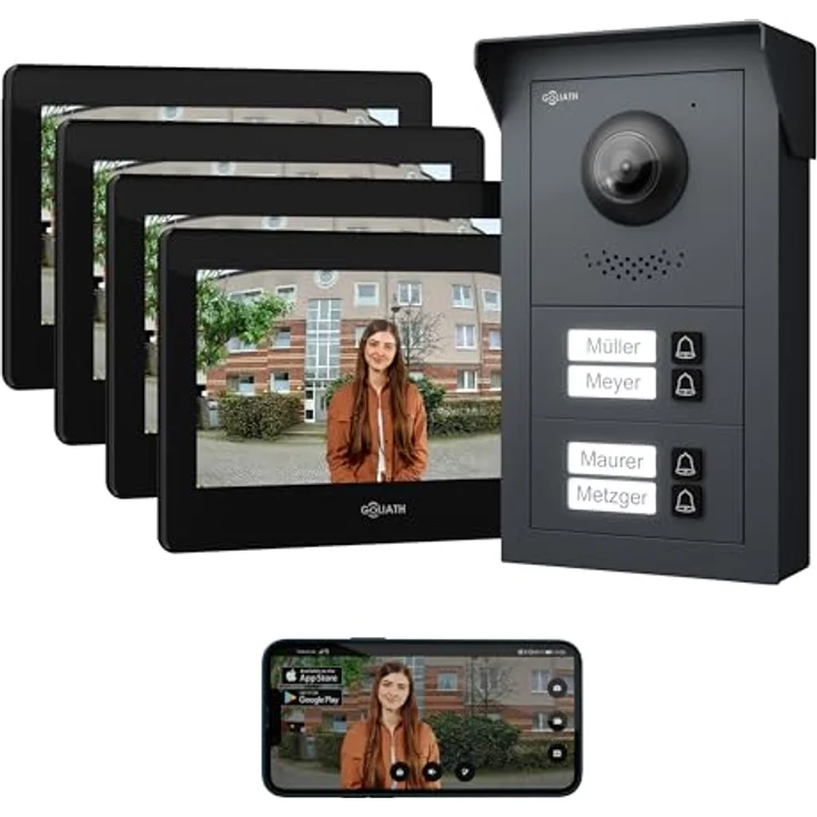 Goliath Intercom Video-Türsprechanlage Basic-Line, 4-Familienhaus, 7-Zoll HD Monitor, 2-Draht BUS, Weiß/Schwarz, mit Kamera und App-Steuerung – Bild 1