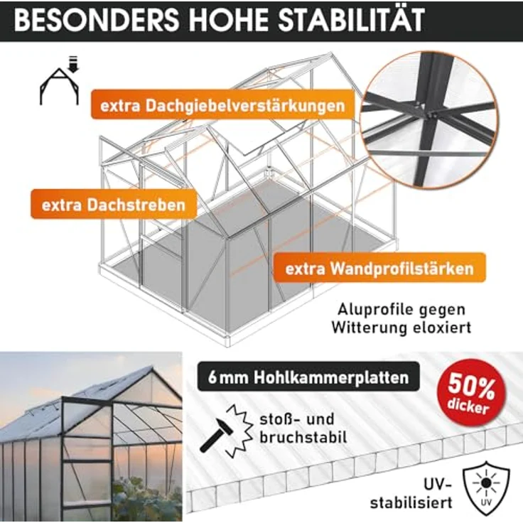 BRAST Gewächshaus Aluminium mit Fundament, 250x190x195cm, grau, TÜV geprüft, 6mm Hohlkammerplatten, rostfrei, wetterfest, temperaturbeständig – Bild 4