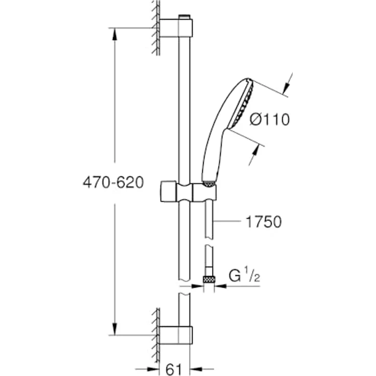 GROHE Tempesta Brausestangenset 110, 600mm, Handbrause mit Rain-Strahl, 16,6 l/min, Chrom, Brauseschlauch Relexaflex 1750mm – Bild 4
