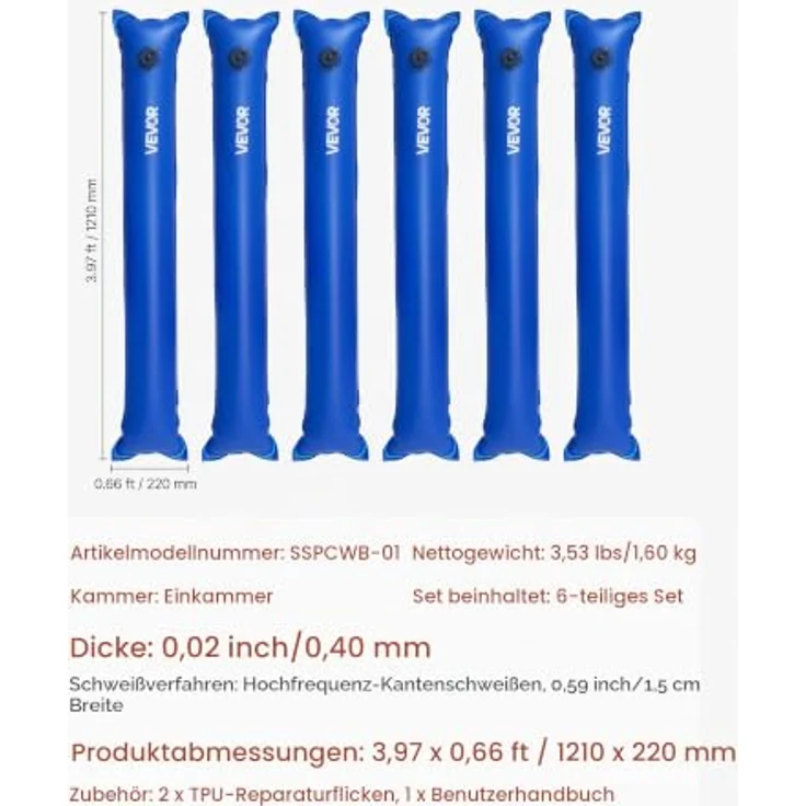 VEVOR Pool Beschwerungssack, 6er Set mit 121 cm langen, 0,4 mm dicken PVC-Säcken mit auslaufsicherem Schraubverschluss, blaue Wassersäcke zur sicheren Befestigung von Poolabdeckungen im Winter – Bild 7