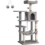 Feandrea Kratzbaum, 143 cm hoch, Katzenbaum, mehrstöckige Katzenhaus, mit 4 Kratzsäulen, 2 Plattformen, Hängematte, Höhle, hellgrau PCT161W01