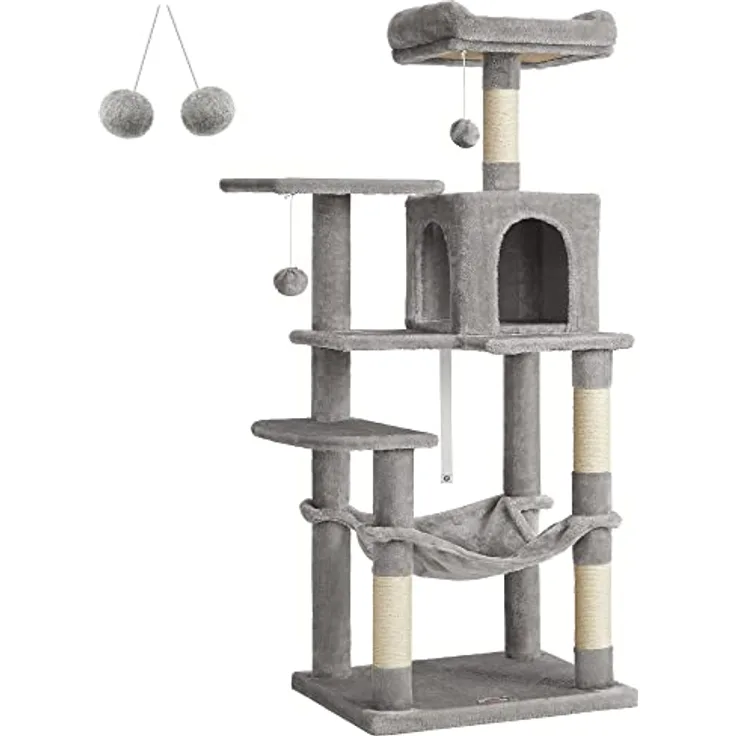Feandrea Kratzbaum, 143 cm hoch, Katzenbaum, mehrstöckige Katzenhaus, mit 4 Kratzsäulen, 2 Plattformen, Hängematte, Höhle, hellgrau PCT161W01