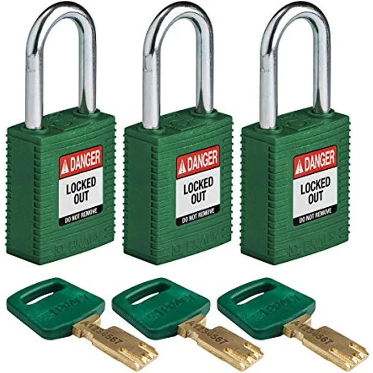 Brady (NYL-GRN-38ST-KA3PK) SafeKey Nylon Lockout-Vorhängeschloss Mit Stahl Bügel 38.00 mm Grün KA - Gleichschließende Schlösser 3 Stück