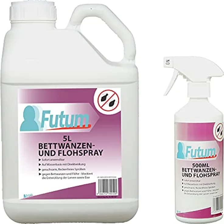 Futum 5L+500ml Bettwanzen- / Floh-Spray, hochwirksam gegen Flöhe, Wanzen, Larven & Eier, auf Wasserbasis, fleckenfrei, ohne Treibgase, mit Schnell- und Langzeitwirkung