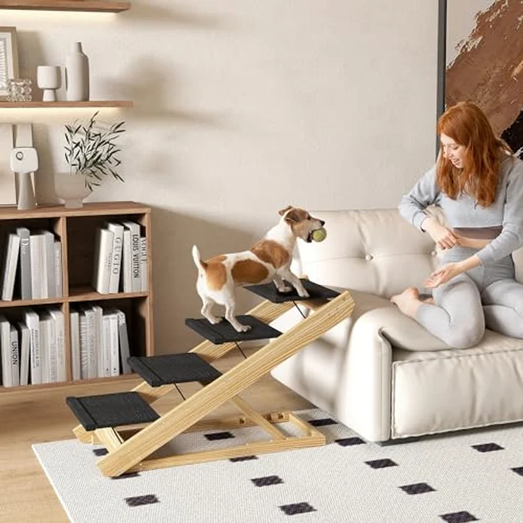 PawHut 2 in 1 Hundetreppe 4-stufige 62,5 cm Höhenverstellbar Haustiertreppe Klappbar Hunderampe mit Rutschfester Oberfläche für große Hunde bis 40 kg, Katze, Natur – Bild 2
