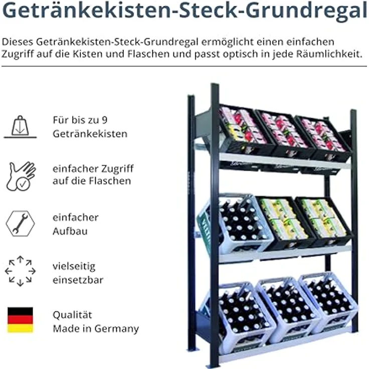 SCHULTE Regalwelt Getränkekistenregal für bis zu 9 Kisten, 180x100x30 cm (HxBxT), Traglast pro Ebene 60 kg, schwarz-silber, Getränkeregal, Bierkistenregal, Flaschenkastenständer, Wasserkistenregal – Bild 4