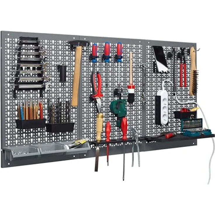 Küpper Lochwand 70108, 3-teilige Werkzeugwand aus pulverbeschichtetem Stahl, inkl. 12 Haken, 120 x 60 cm, hellgrau, Made in Germany – Bild 2