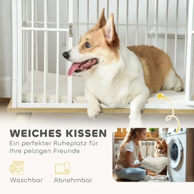 PawHut Hundekäfig für Zuhause, Abschließbar Hundehütte mit Kissen, Hundebox für mittelgroße Hunde unter 15 kg, Eiche, 86 x 60 x 70 cm – Bild 4
