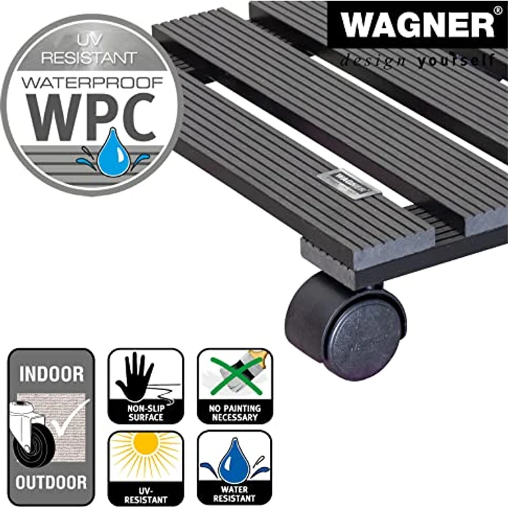 WAGNER Pflanzenroller WPC 29 x 29 cm I Pflanzenroller & Blumenroller für Außenbereich + Innenbereich, anthrazit I Kübelroller aus WPC (Wood Plastic Composite) I Tragkraft 60 kg ? 20050001 – Bild 5