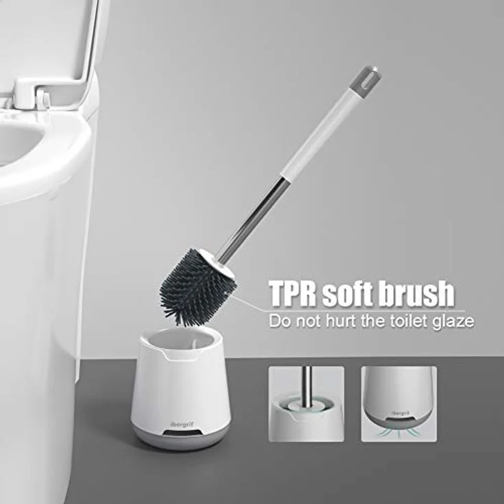 Ibergrif M34152, Klobürste Silikon mit Abtropfschale-Toilettenbürste, Klobürstenhalter Anti-Tropf, WC Bürste Belüftet Trocknung Geruchlos, WC Bürstengarnitur Stehen und Wandmontage, Weiss, 126x425mm – Bild 3