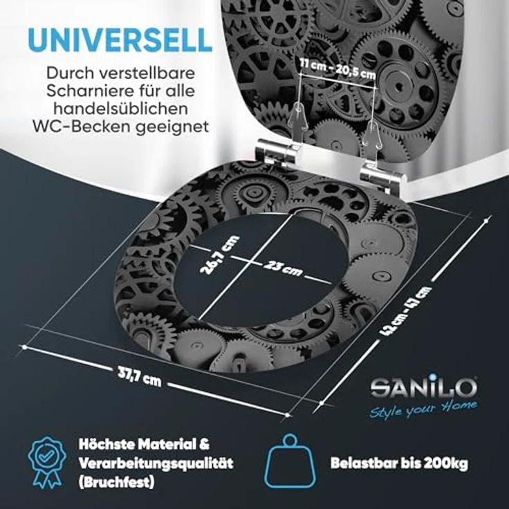 Sanilo WC Sitz Gears, Absenkautomatik aus hochwertigem Holz, pflegeleicht und antibakteriell, für alle handelsüblichen WC-Becken – Bild 5