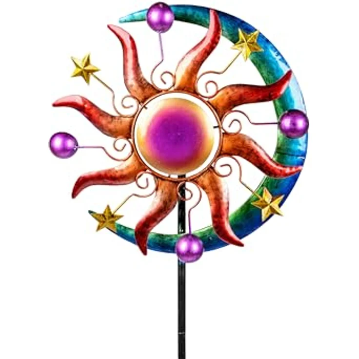 Buntes Windrad Sonne Mond und Sterne für den Garten aus Metall Windspiel Windmühle 124 cm – Bild 2