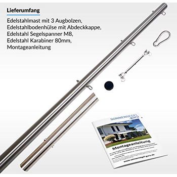 Edelstahl Stange 2,5m mit 3 Ösen Höhenverstellbar Ø70x3mm Sonnensegel