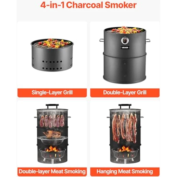 VEVOR Holzkohle-Räucherofen 470 mm, Grilltonne aus beschichtetem Stahl mit 2 Grillrosten, 1 Aufhängestange, 6 Haken, Thermometer für BBQ und Smoken, ideal für Garten & Terrasse – Bild 2