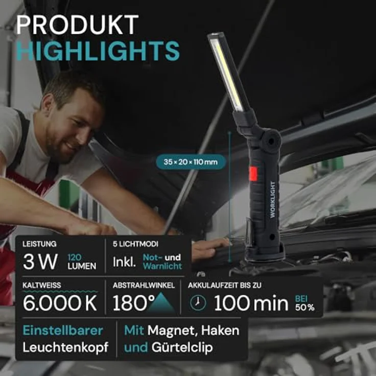 LUXULA LED-Arbeitsleuchte, 11 cm, Akku mit 5 Lichtmodi, USB-Aufladbar, 360° drehbar, mit Magnet und Haken, Inspektionslampe für Werkstatt und Camping – Bild 2