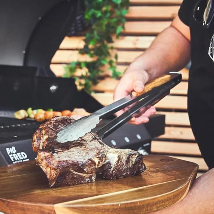 BURNHARD Lange Edelstahl Grillzange (45 cm) Akazien-Holzgriff, Grill-Zubehör, Aufhänge-Ösen – Bild 5