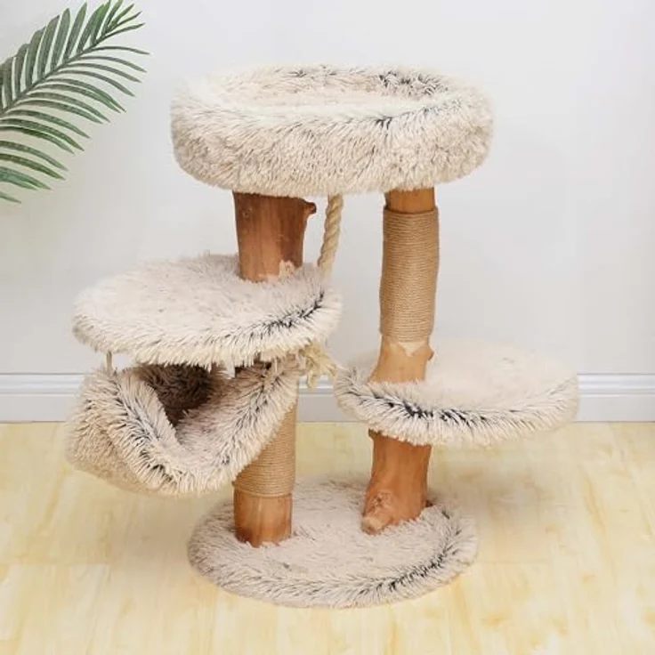 Fudajo Kratzbaum mit Holz und Plüsch 87,5 cm hoch, Designer Katzenkratzbaum mit Birnbaumholz, Katzenbaum mit Hängematte, Katzenmöbel mit Liege, helle Plüschdesign – Bild 2