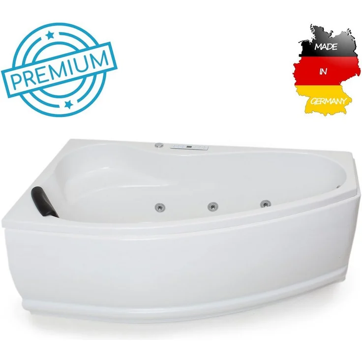 Basera® Whirlpool-Badewanne Formentera Links 160 x 90 cm, Komplett-Set, mit 17 Massagedüsen, Heizung, Ozongenerator, LED - Hochglanz Weiß