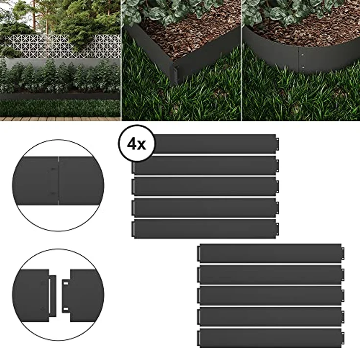 Serina Rasenkante Metall 100x18cm Länge 40m Höhe 18cm Beeteinfassung Mähkante, verzinkte Kanten, 25er Pack, Metall, schwarz – Bild 2
