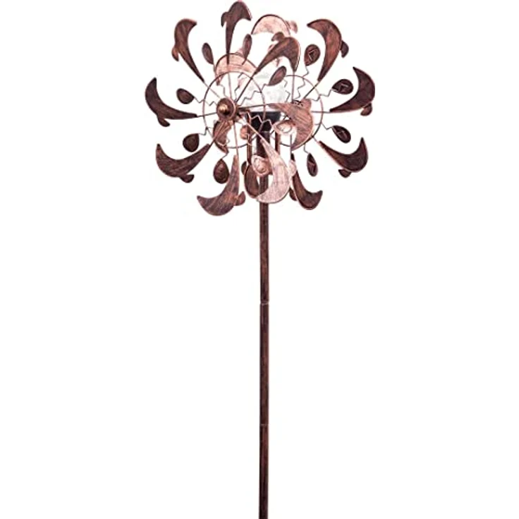 Kinetic Art Copper Dolphin Duett, Metall Windspiel mit 3D-Optik, Solarpanel und LED in Glaskugel, inklusive Bodenanker, wartungsfrei für den Garten – Bild 1